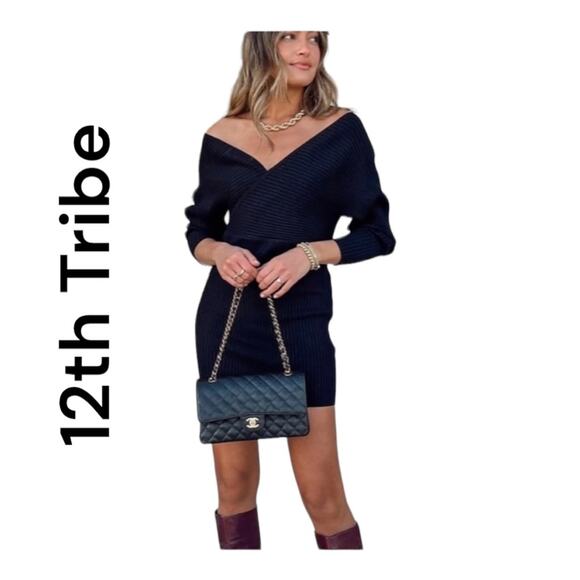12th tribe womens large salty in the city black sweater mini dress v neck date r - Picture 1 of 12